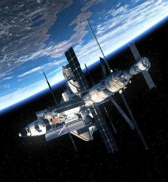 Space Shuttle And Space Station Orbiting Earth Illustrazione stock