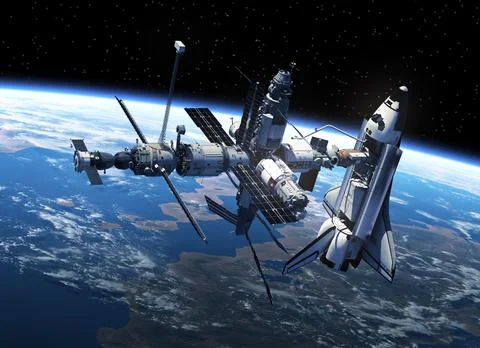 Space Shuttle And Space Station In Space Stock Photos