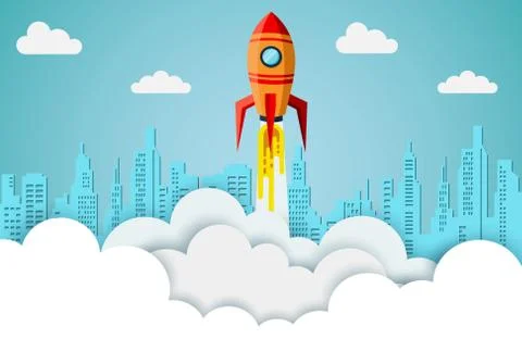 Space shuttle are flying up into the sky while flying above a cloud and city. Stock Illustration