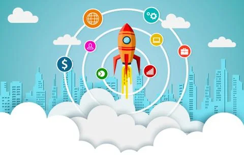 Space shuttle are flying up into the sky while flying above a cloud and city. Illustrazione stock