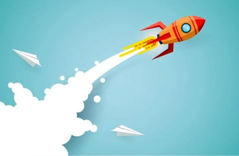 Space shuttle are flying up into the sky changing direction from paper airpla Stock-Illustration