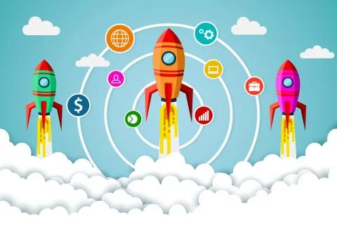 Space shuttle are flying up into the sky while flying above a cloud. go to bu Stock Illustration
