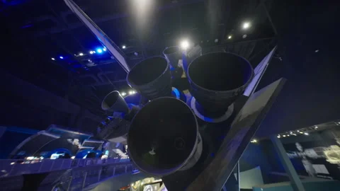 Space Shuttle Atlantis rocket engines displayed in museum exhibition hall Stock Footage 337913164