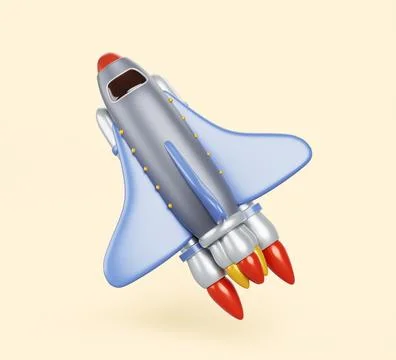 Space shuttle cartoon 3d render icon. Spacecraft with solid rocket boosters and Illustrazione stock