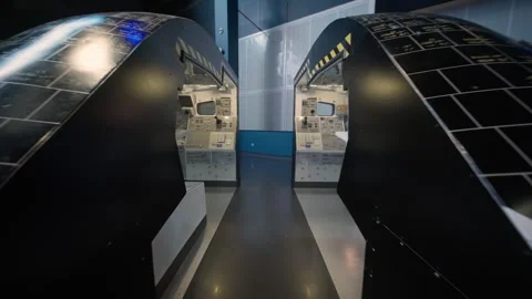 Space shuttle cockpit interior with flight controls and instrument panels Stock Footage 337911630