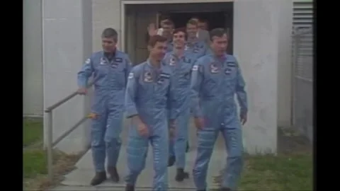 Space Shuttle Colombia STS-9 Astronauts leaving building for transfer bus Stock Footage 270936947