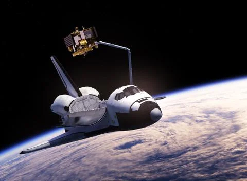 Space Shuttle Deploying Communication Satellite Stock Illustration