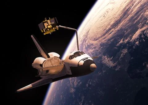 Space Shuttle Deploying Satellite Stock Illustration