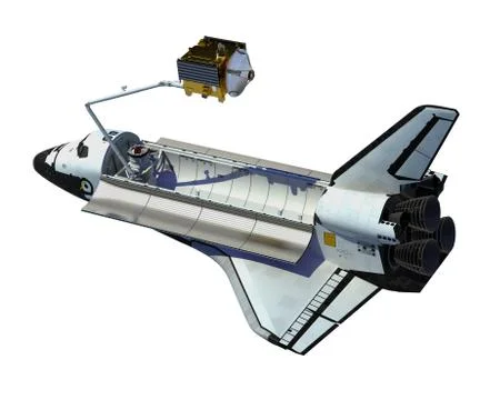 Space Shuttle Deploying Satellite Over White Background Stock Illustration