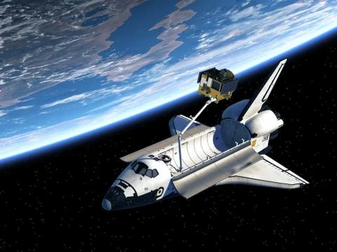 Space Shuttle Deploying Satellite Stock Photos