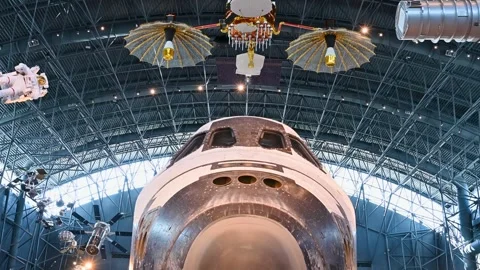 Space shuttle Discovery on display in a hangar. Stock Footage 339378396