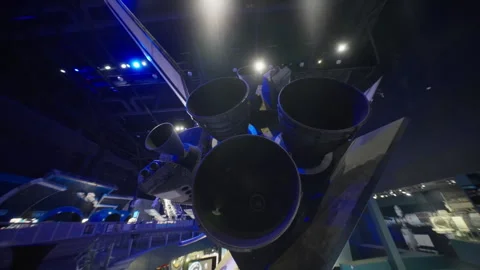 Space shuttle display with rocket engines and thermal tiles in museum exhibit Video stock 342581415