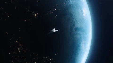 Space shuttle flies off planet earth. concept of space technology and coloniz Stock Footage 145169998