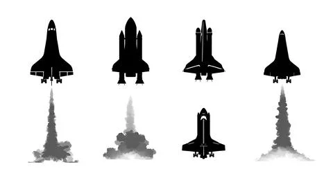 Space Shuttle in Flight Black Solid Silhouettes Collection 스톡 일러스트
