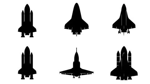 Space Shuttle in Flight Black Solid Silhouettes Collection Stock Illustration