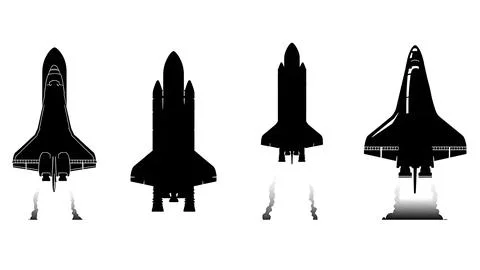 Space Shuttle in Flight Black Solid Silhouettes Collection 스톡 일러스트