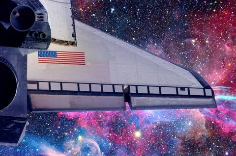 Space Shuttle flight over space stars, galaxies and nebula. Stock Photos