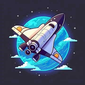 Space shuttle flying with planet and satellite space cartoon Stock Illustration