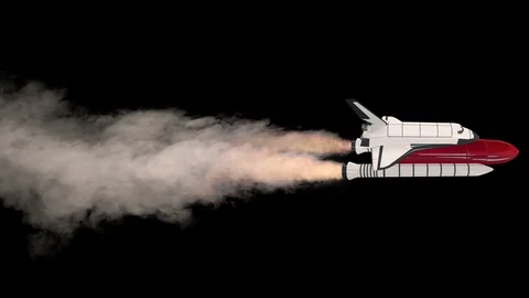 Space shuttle flying into space on black with alpha Vidéo 112398309