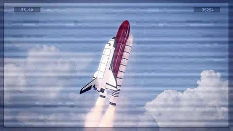 Space shuttle flying into space, old TV screen stylization, scanlines Vídeo Stock 113338288