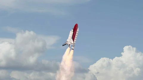 Space shuttle flying into space, sky with clouds in background Stock Footage 112397054