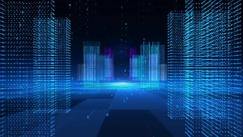 Space shuttle of high-rise buildings in holographic digital city Stock Footage 137071827