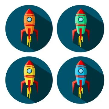 Space shuttle icon in circle flat design, long shadow isolated on blue backgr Stock Illustration