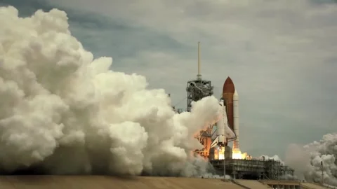 Space shuttle launch blasting off from the launchpad with smoke. Stock Footage 346035128