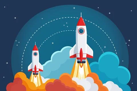Space shuttle launch flat vector illustration with smoke clouds beneath the.. Stock Illustration