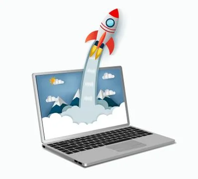 Space shuttle launch outside notebook screen. Concept of business start-up. v Stock Illustration