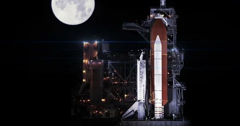 Space Shuttle on Launch Ready to Fly at Night Blue Lens Flare, 4K Stock-Footage 78253444