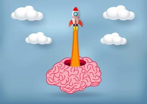 Space shuttle launch to the sky from the brain color pink. Financial business Stock Illustration