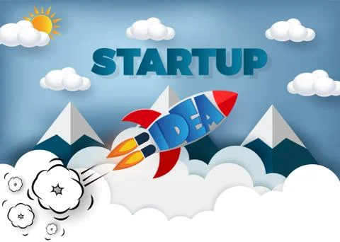 Space shuttle launch to the sky. cloud Mountain. start up business finance co Stock Illustration