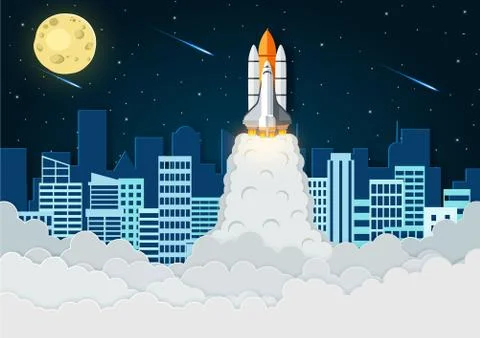 Space shuttle the launch to the sky Full of stars at night With the city in t Stock Illustration
