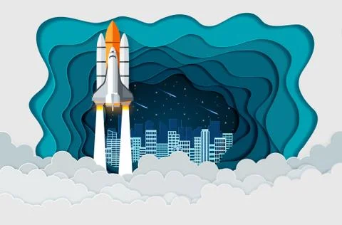 Space shuttle the launch to the sky Full of stars at night With the city in t Stock-Illustration