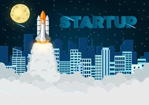 Space shuttle the launch to the sky Full of stars at night With the city in t Stock Illustration