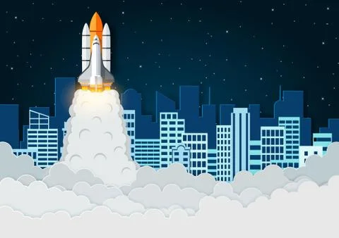 Space shuttle the launch to the sky Full of stars at night With the city in t Stock Illustration