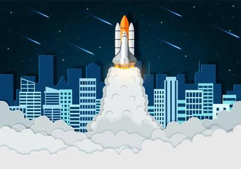 Space shuttle the launch to the sky Full of stars at night With the city in t イラスト素材