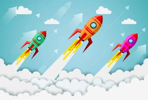 Space shuttle launch to the sky while flying above a cloud. start up business Ilustración de archivo