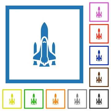 Space shuttle with launchers flat framed icons Ilustración de archivo