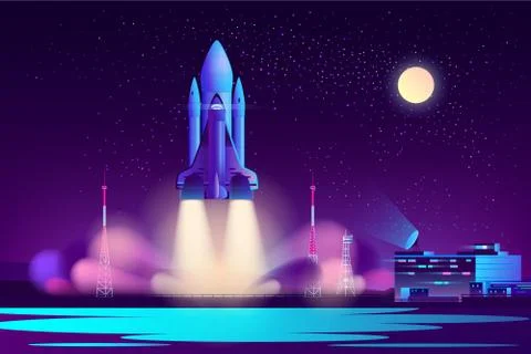 Space shuttle night launching cartoon vector Stock Illustration