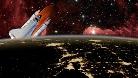 Space shuttle on orbit of the Earth planet. Spaceship. View from ISS. Elements Stock Illustration