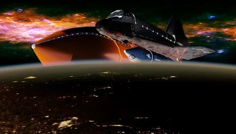 Space shuttle on orbit of the Earth planet. Spaceship. View from ISS. Elements Stock Illustration