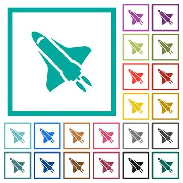 Space shuttle with propulsion flat color icons with quadrant frames Stockillustratie