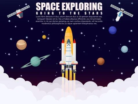 Space shuttle ship rocket launch exploring and research with realistic satellite Stock Illustration