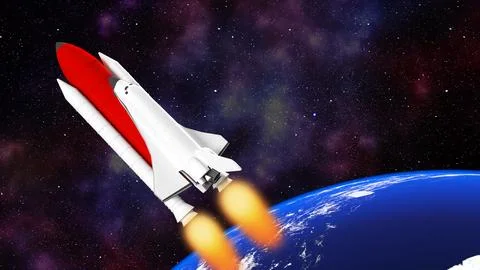 A space shuttle soars out of the world., Space rocket travels outer space ,.. Stock Photos