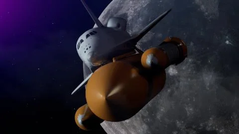Space Shuttle In Space. The moon on the background. 3d illustration Ilustração Stock