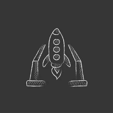 Space shuttle on take-off area. Drawn in chalk icon Stock Illustration