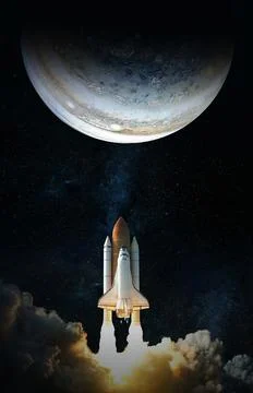 Space Shuttle takes off to jupiter. Elements of this image furnished by NASA. Stock Photos