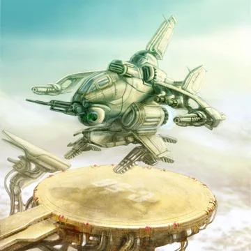 The space shuttle takes off from the landing zone. Science fiction illustrati Stock Illustration
